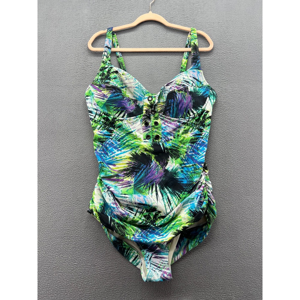 Torrid One Piece Swimsuit Women's Size 2 Green Blue Tropical Palm Print Ruched